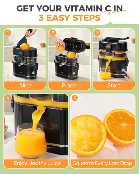 Amzpass Dual Head Electric Orange Juicer With Built In Cutter Citrus Squeeze Machine One Touch Auto Press for lemons, easy juice prep.