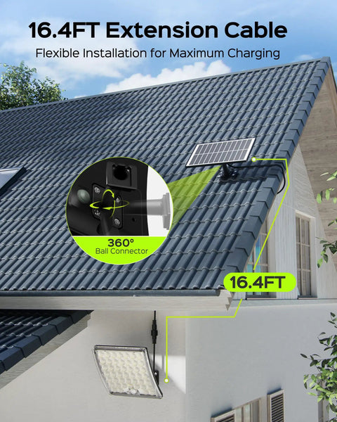 Outdoor Solar Flood Lights With Motion Sensor Waterproof Security Flood Lamps Fifty Percent Brighter Gen2 Fly Eye Lens Includes Sixteen Point Four Foot Extension Cord A No Brainer Upgrade For Barn Porch Backyard Two Pack showing installation on roof with solar panel and light.