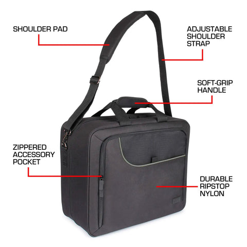 XL MTG Bag For Magic The Gathering And Other TCG Accessories With Adjustable Interior Dividers shown with straps and pockets