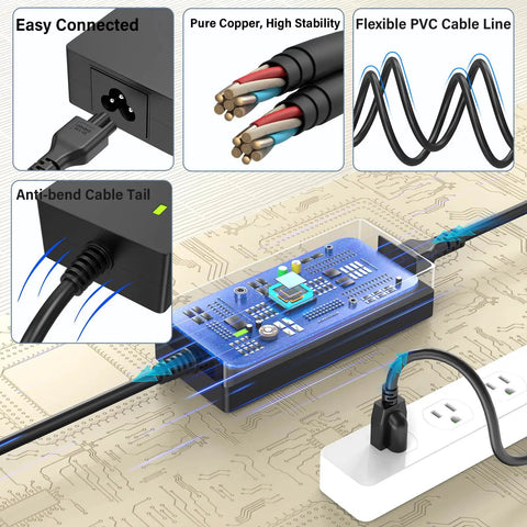 24V Foot Massager Charger Replacement Cord For Shiatsu Foot Massager Deep Kneading Machine With Heat Therapy Compatible With XH2400-2500; features pure copper wires, flexible PVC cable, anti-bend tail, and plug.