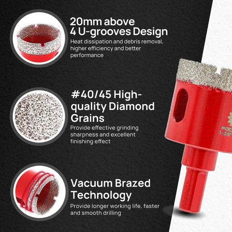 Red diamond core drill bit set with diamond-coated head; 10-piece kit for porcelain tile, ceramic, granite.
