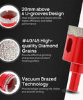 Close-up of Pro Grade Diamond Core Drill Bit Set with Triangle Shank showing U-grooves, diamond grains, and vacuum brazed technology.