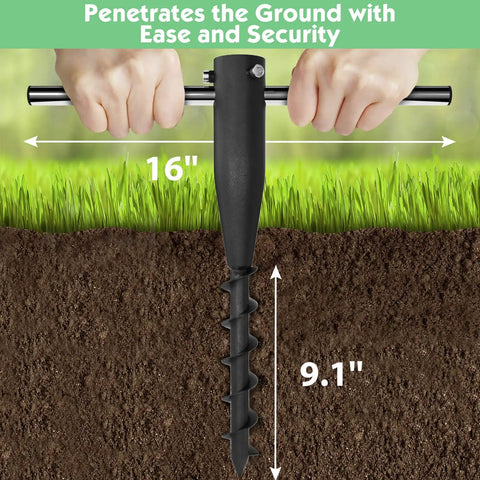 Heavy Duty Steel Beach Umbrella Sand Anchor in soil demonstrating no dig ground stake design with rust proof galvanized metal