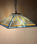 Blue Tiffany Style Mission Pendant Light 16 Inch Hanging Lamp With Stained Glass Two Light Antique Ceiling Fixture For Kitchen Island Dining Room And Bedroom Includes 60 Inch Chain For Adjustable Height And Soft Warm Ambience In Any Room