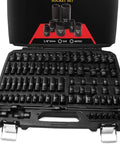 Open case displaying One Quarter Inch Drive Socket Master Set With Eighty Piece SAE And Metric, sockets from 3/16 to 9/16 inch.