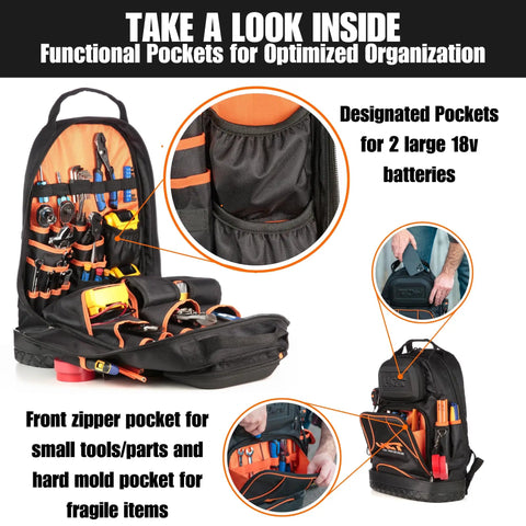 Heavy Duty Tool Backpack With Waterproof Base And Big Capacity Tool Bag Organizer For Electricians And DIY Pros