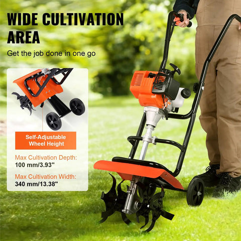 Backyard Ready 31cc 4 Stroke Tiller Cultivator With Four Steel Adjustable Front Tines for lawn garden and field soil, orange