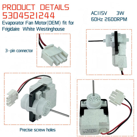 Evaporator Fan Motor Replacement 5304521244 Compatible With Frigidaire And White Westinghouse Refrigerators showing 3-pin connector