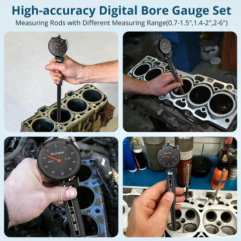 Precision Dial Bore Gauge 0.7 to 6 inch range with 6 inch depth, chrome plated handle being used on engine cylinders.