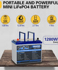 Portable lithium iron phosphate battery displayed on a wooden surface with performance metrics on a gray background.