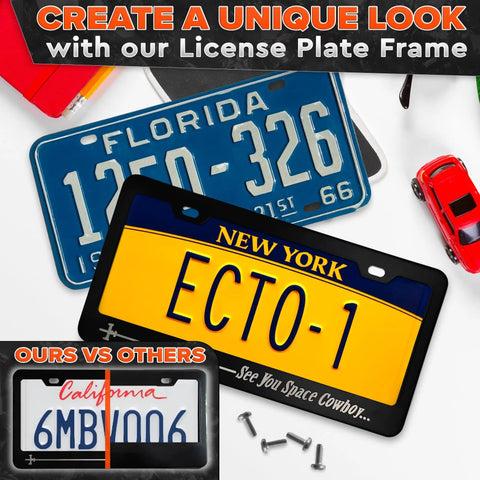 Aluminum License Plate Frame With Matte Black Finish Dope Cartoon Inspired Design 12.2x6.3 Inches Standard US Canada Fit Screws And Clips Included Car Truck SUV Accessories For A Sleek Ride with displayed New York plate.