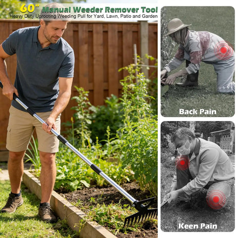 Man using 60 Inch Weeder With Long Handle Two In One Weed Puller And Rake Uproot Weeds In Your Yard Lawn Or Patio With Comfort Grip