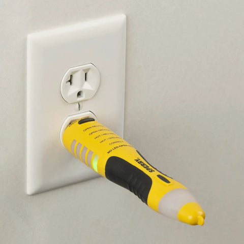 Two In One Non Contact Voltage Detector And GFCI Outlet Circuit Analyzer With 360 Degree Visual And Audible Alerts, plugged into outlet