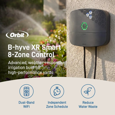 B-hyve XR 8 Zone Smart Sprinkler Timer With WiFi App Control Indoor Outdoor Irrigation Controller on wall next to garden