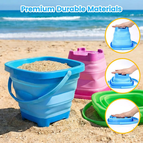 Three Pack Collapsible Buckets For Kids Foldable Sand Pails shown in blue, green, pink on beach with sand, demonstrating collapsibility.