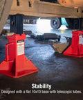 Beefed Up 22 Ton Heavy Duty Jack Stands Pair With Pin Type Height Adjustment under vehicle for stable lifts