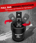 Flexible Universal Joint Socket Swivel Set Three Piece One Half Inch One Quarter Inch Three Eighth Inch Premium CR MO Steel Wobble Adapters With Black Coating For Heavy Duty Tough Tasks showing 360-degree rotation feature