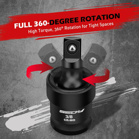 Flexible Universal Joint Socket Swivel Set Three Piece One Half Inch One Quarter Inch Three Eighth Inch Premium CR MO Steel Wobble Adapters With Black Coating For Heavy Duty Tough Tasks showing 360-degree rotation feature