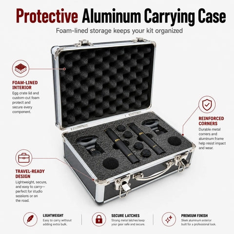 Protective aluminum case for Stereo Pair XLR Pencil Condenser Microphones With Small Diaphragm Design And Capsules