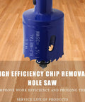 Suiwotin blue 1-3/8 in bi-metal hole saw with arbor, mounted over wood floor.