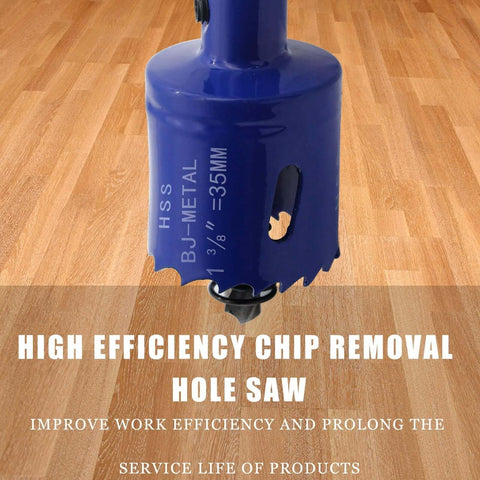 Suiwotin blue 1-3/8 in bi-metal hole saw with arbor, mounted over wood floor.