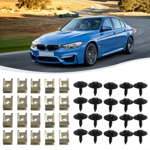 BMW Undertray Fastener Kit 40 Pack With Hex Head Self Tapping Bolts And U Nut Clips For Splash Shield Direct Fit For BMW 1 Series Through 7 Series X1 X3 X5 X6 Z3 And Mini Cooper, clip and screw set