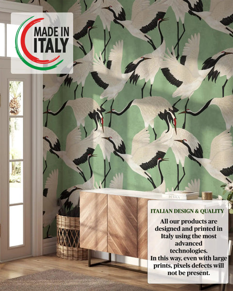 Removable Green White Japanese Herons Modern Wallpaper For Living Rooms And Home Decor Eco Paper Diy Easy Peel 8 Sheets