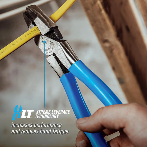 High Leverage Linesman Pliers 9 1/2 Inch with round nose cutting yellow wire; comfortable handle; ideal for electrical work and DIY.