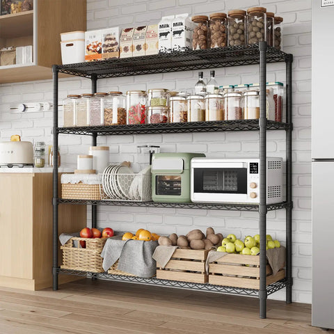 Metal 4 Tier Shelving Unit For Garage And Home Storage with kitchen items, 47.24 inch wide wire shelves holding jars and appliances.