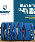 Heavy Duty Tool Roll For Pros With Ultra Durable Water Resistant And Grease Resistant Fabric Reinforced Seams And Massive Interior Storage For Wrenches Pliers And Bits Plus A Quick Grab Pocket For Fast On The Job Access displayed open with tools.