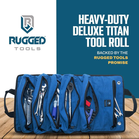 Heavy Duty Tool Roll For Pros With Ultra Durable Water Resistant And Grease Resistant Fabric Reinforced Seams And Massive Interior Storage For Wrenches Pliers And Bits Plus A Quick Grab Pocket For Fast On The Job Access displayed open with tools.
