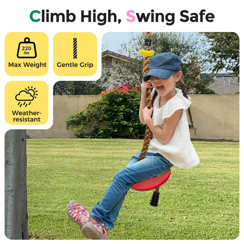 Child playing on a Kid Friendly Tree Swing Set For Backyard 330 Lb Capacity Adjustable Climbing Rope Platforms And Disc Swing Seat Includes Carabiners And Straps Outdoor Playground Accessory For Kids.