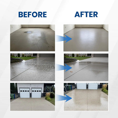 Before and after images showing results of Heavy Duty Water Based Concrete Sealer For Garage And Driveway on concrete floors.