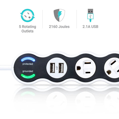 White Surge Protector With Five Rotating Outlets And Dual USB Ports Four Foot Cord 2160 Joules Auto Shutdown display