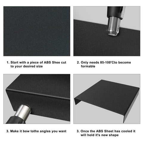 Four-step visual guide on shaping Two Pack Black ABS Plastic Sheets 8 By 12 Inches 0.125 Inch Thick Smooth On One Side Textured On The Other Built Tough For DIY Projects Cars Home Decor And Handicrafts