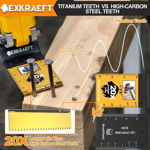 Close-up of 55 Piece Titanium Oscillating Tool Blades Set For Metal Wood Plastic with titanium vs high-carbon steel comparison