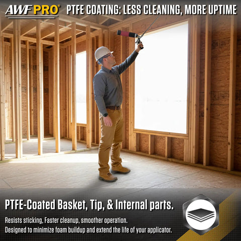 Worker using Pro Spray Foam Gun With Two Foot Long Nozzle For Tight Gaps, Precision Adjustable Flow Control in construction space