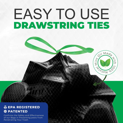 Rodent-Repellent Trash Bags With Drawstring And Mint-Flex Technology showcasing easy-to-use drawstring ties and mint oil label