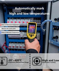 Handheld Thermal Camera With 320x240 TISR Resolution And 120x90 IR High Resolution, Minus Four To One Thousand Twenty Two Fahrenheit Range, 25 Hz Frame Rate, Portable Infrared Imager For Home Inspections, HVAC Maintenance Pros And PC Analysis showing temperature points in electrical panel.