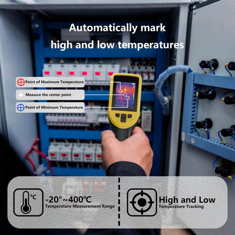 Handheld Thermal Camera With 320x240 TISR Resolution And 120x90 IR High Resolution, Minus Four To One Thousand Twenty Two Fahrenheit Range, 25 Hz Frame Rate, Portable Infrared Imager For Home Inspections, HVAC Maintenance Pros And PC Analysis showing temperature points in electrical panel.