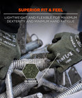 Cut Resistant Work Gloves With Aramid Fiber For Contact Heat And Sharp Object Protection, Sandy Nitrile Coated Palms For A Beefy Grip, ANSI A4 EN407 Level 1, Level 4 Abrasion, Green, Large being used to handle metal rods.