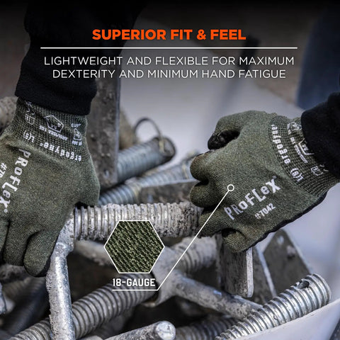 Cut Resistant Work Gloves With Aramid Fiber For Contact Heat And Sharp Object Protection, Sandy Nitrile Coated Palms For A Beefy Grip, ANSI A4 EN407 Level 1, Level 4 Abrasion, Green, Large being used to handle metal rods.