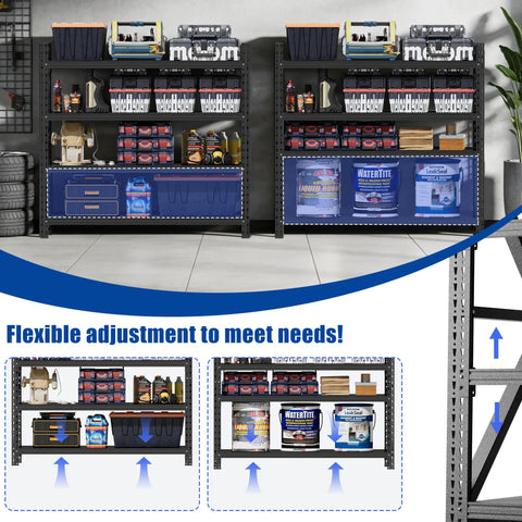 Built Like A Tank Heavy Duty Adjustable Steel Shelving Rack For Garage Or Warehouse Storage With Zero Hassle Setup And Rock Solid Frame 69By71 Inches 5000 Lbs Capacity Black Finish, showcasing adjustable storage spaces.