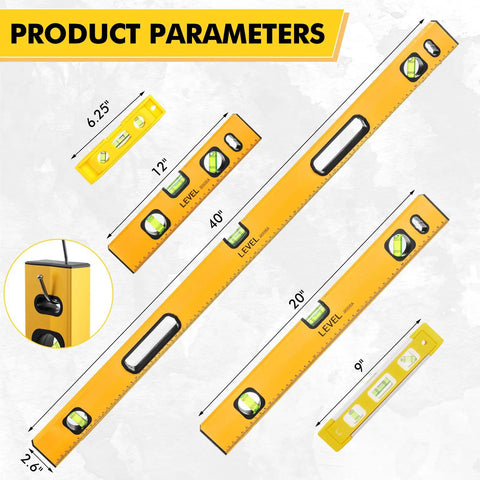 Heavy Duty Five Piece Magnetic Torpedo Level Set Offering Pro Grade Accuracy Down To.0005 Inches Per Foot For Rock Solid Framing And Diy Builds With No Sweat Setup And Quick View 45 90 180 Degree Bubbles In Classic Yellow Tool Steel