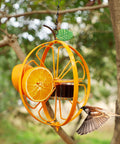 Bright orange Oriole Bird Feeder For Outdoors Jelly And Oranges Glass And Powder Coated Metal Hanging Feeder with Clear Jelly Cup.