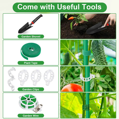 Self Watering Tomato Planter With Trellis For Patio tools including shovel, plant tape, clips, and wire for climbing plants