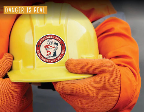 Yellow hard hat with 'Remember Kids Electricity Will Kill You Vinyl Sticker For Windows And Vehicle Bumpers Removable Waterproof Decal'.