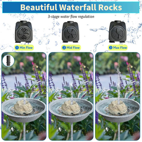 Bird Bath Fountain With 7.5W Pump, Resin Granite Rock Water Feature with adjustable flow for garden patio lawn installation