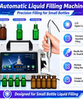 Savage High-Flow Automatic Bottle Filler Machine With Precision Multi-Mode Tech For Narrow Mouth Bottles And Tiny Neck Diameters Starting At 2mm, LCD control with nozzles and small glass bottles.
