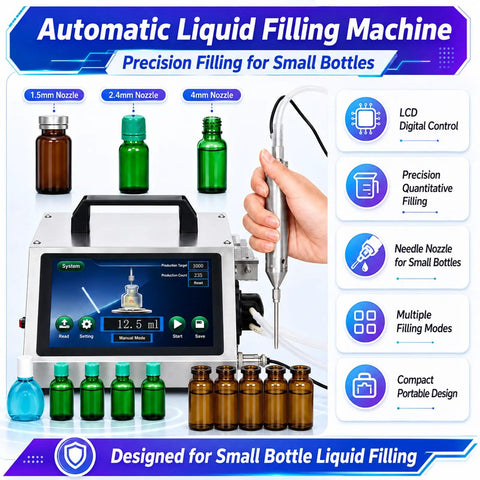 Savage High-Flow Automatic Bottle Filler Machine With Precision Multi-Mode Tech For Narrow Mouth Bottles And Tiny Neck Diameters Starting At 2mm, LCD control with nozzles and small glass bottles.